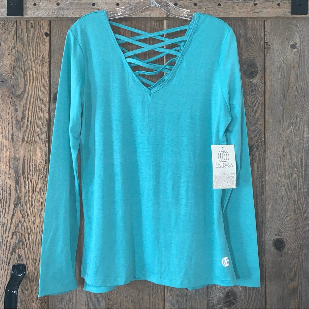 Women’s L BALANCE COLLECTION Aqua Green Fitness Active L/S Strappy V YOGA Top